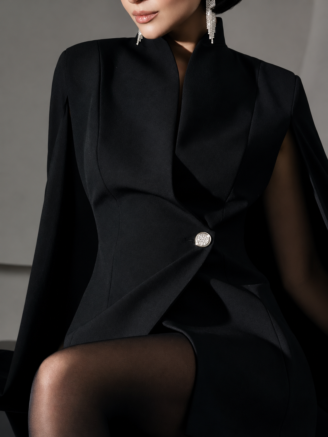 One Button Fitted Mini Blazer Dress with Cape Sleeves