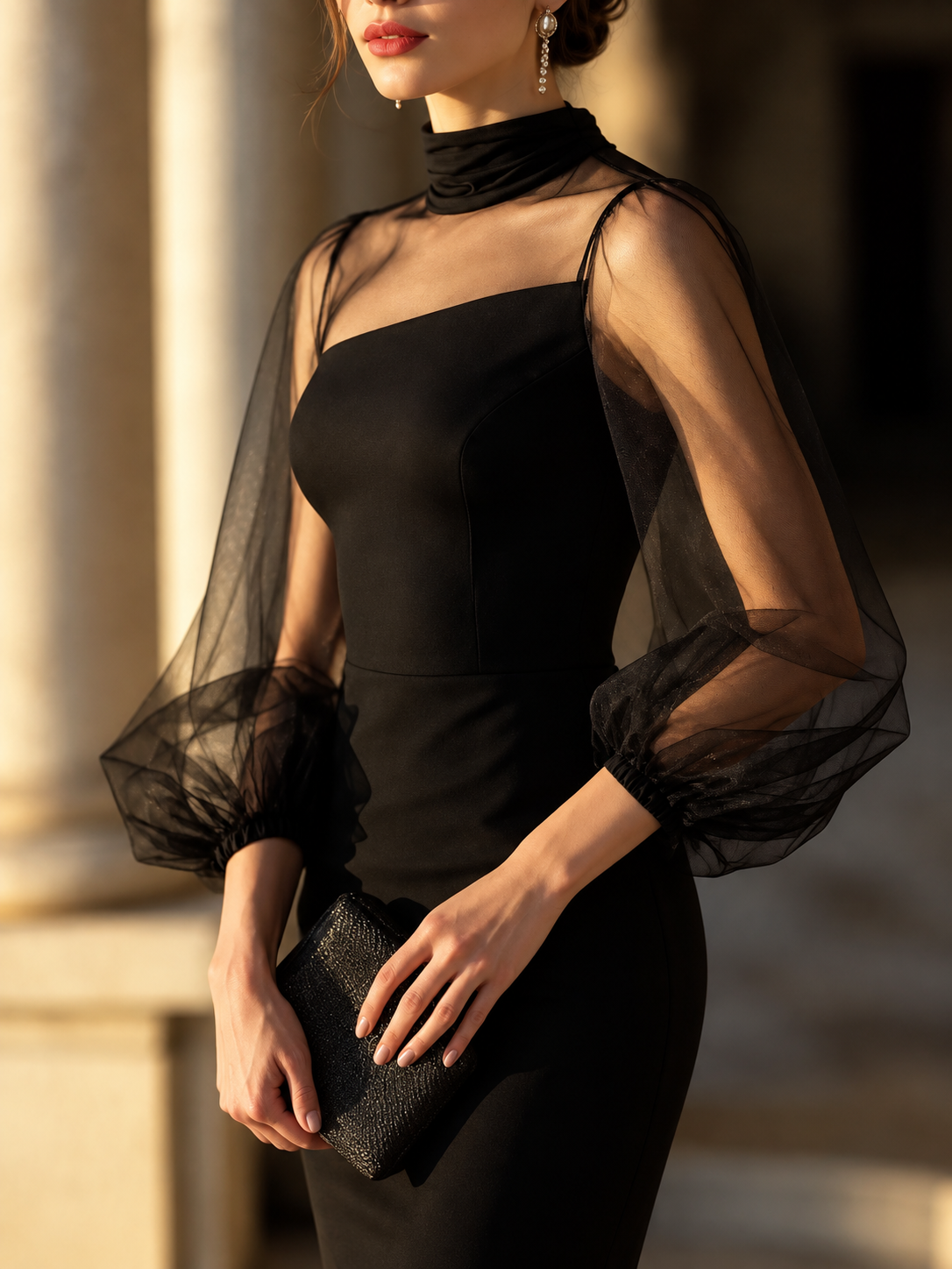 Mock Neck Sheer Puff Sleeve Bodycon Dress