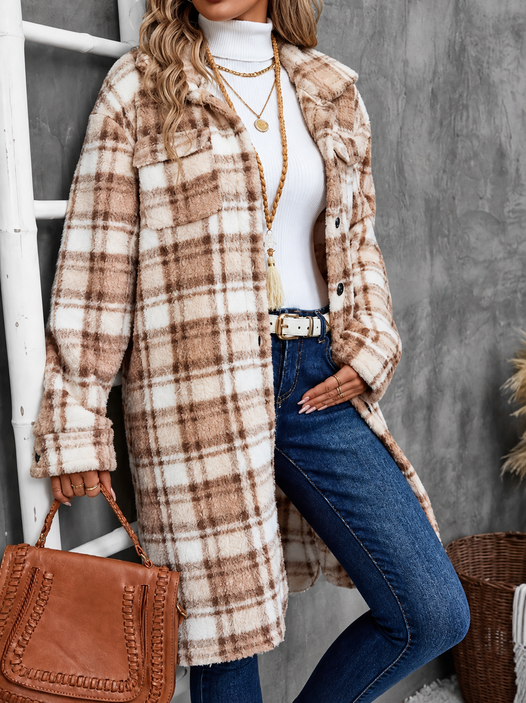 Plaid Fleece Button Up Longline Outerwear