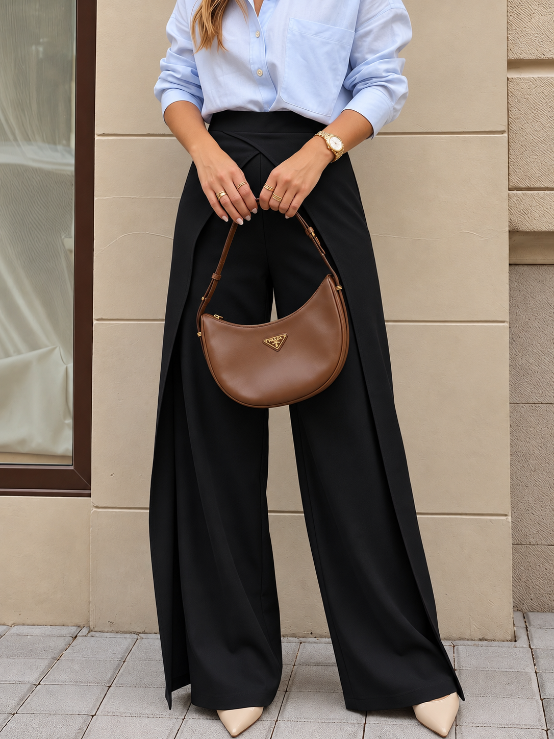 Wide-Leg Pants with Overlap Front Detail