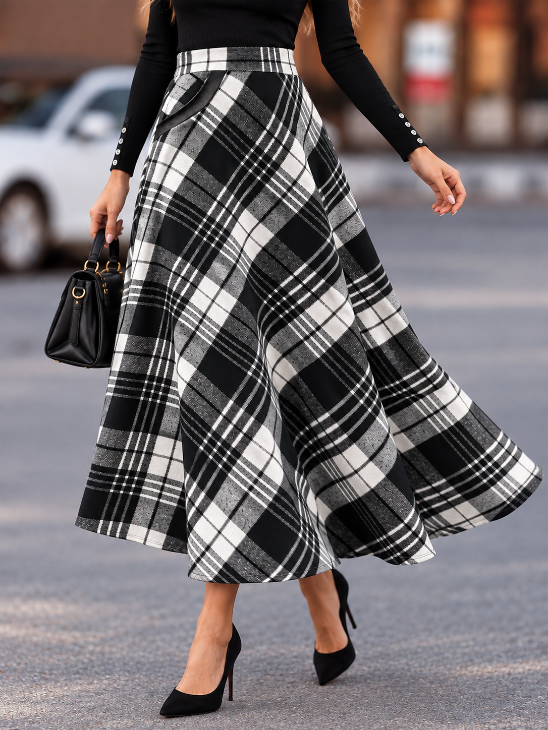 Plaid A-Line Midi Skirt with Pockets