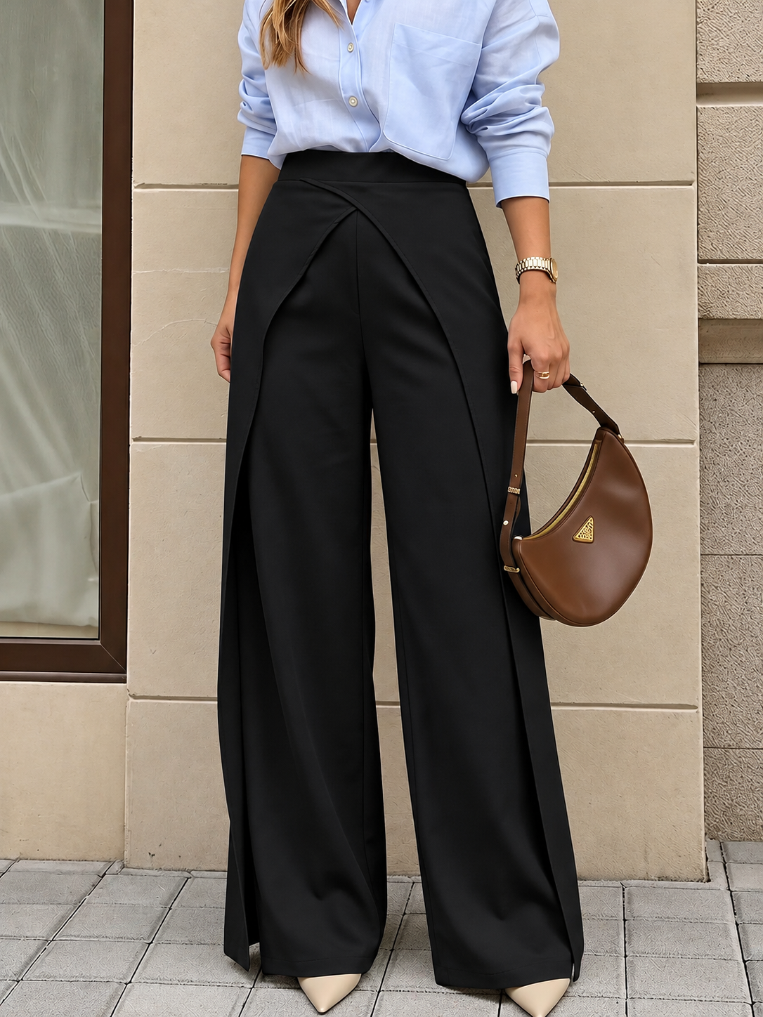 Wide-Leg Pants with Overlap Front Detail