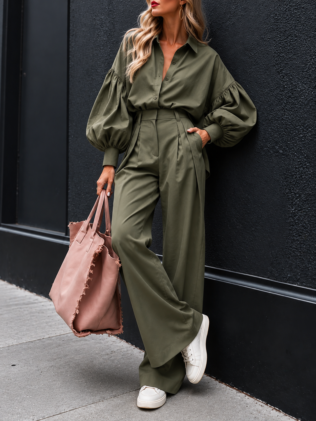 Lantern Sleeve Shirt and Wide Leg Pants Set
