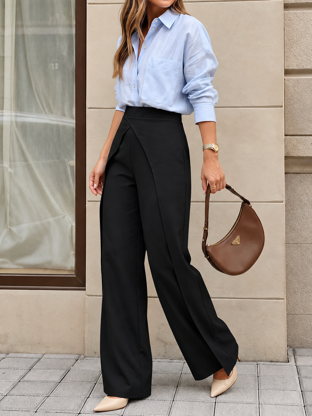 Wide-Leg Pants with Overlap Front Detail