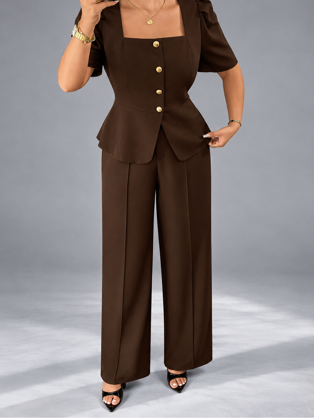 Plus Size Peplum Top and Wide-Leg Pants Two-Piece Set