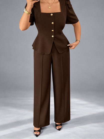 Plus Size Peplum Top and Wide-Leg Pants Two-Piece Set