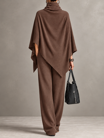 Full Size Turtleneck Poncho and Wide-Leg Pants Set( Plus Size included)
