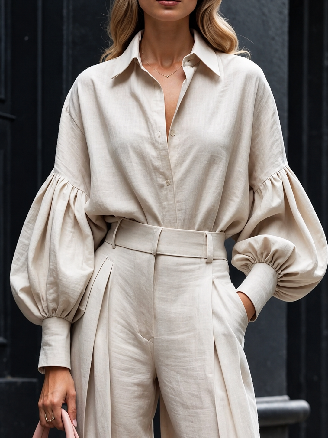 Lantern Sleeve Shirt and Wide Leg Pants Set