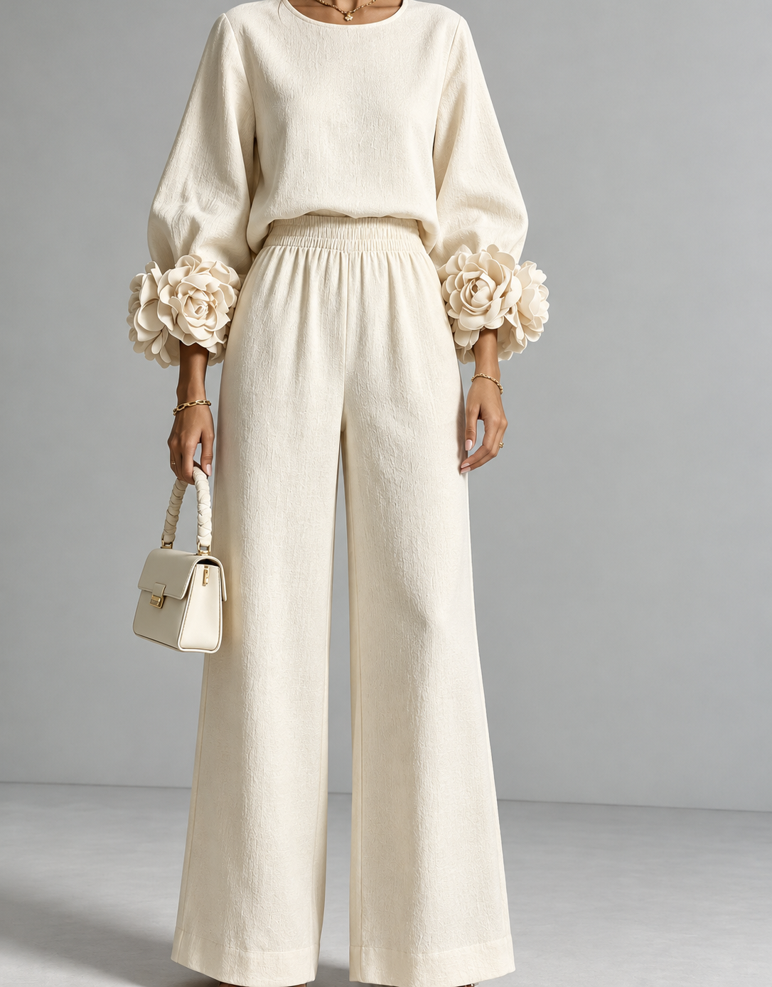 Full Size Floral Cuffs Top and Wide Leg Pants Set (Plus Size inculuded)
