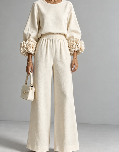 Full Size Floral Cuffs Top and Wide Leg Pants Set (Plus Size inculuded)