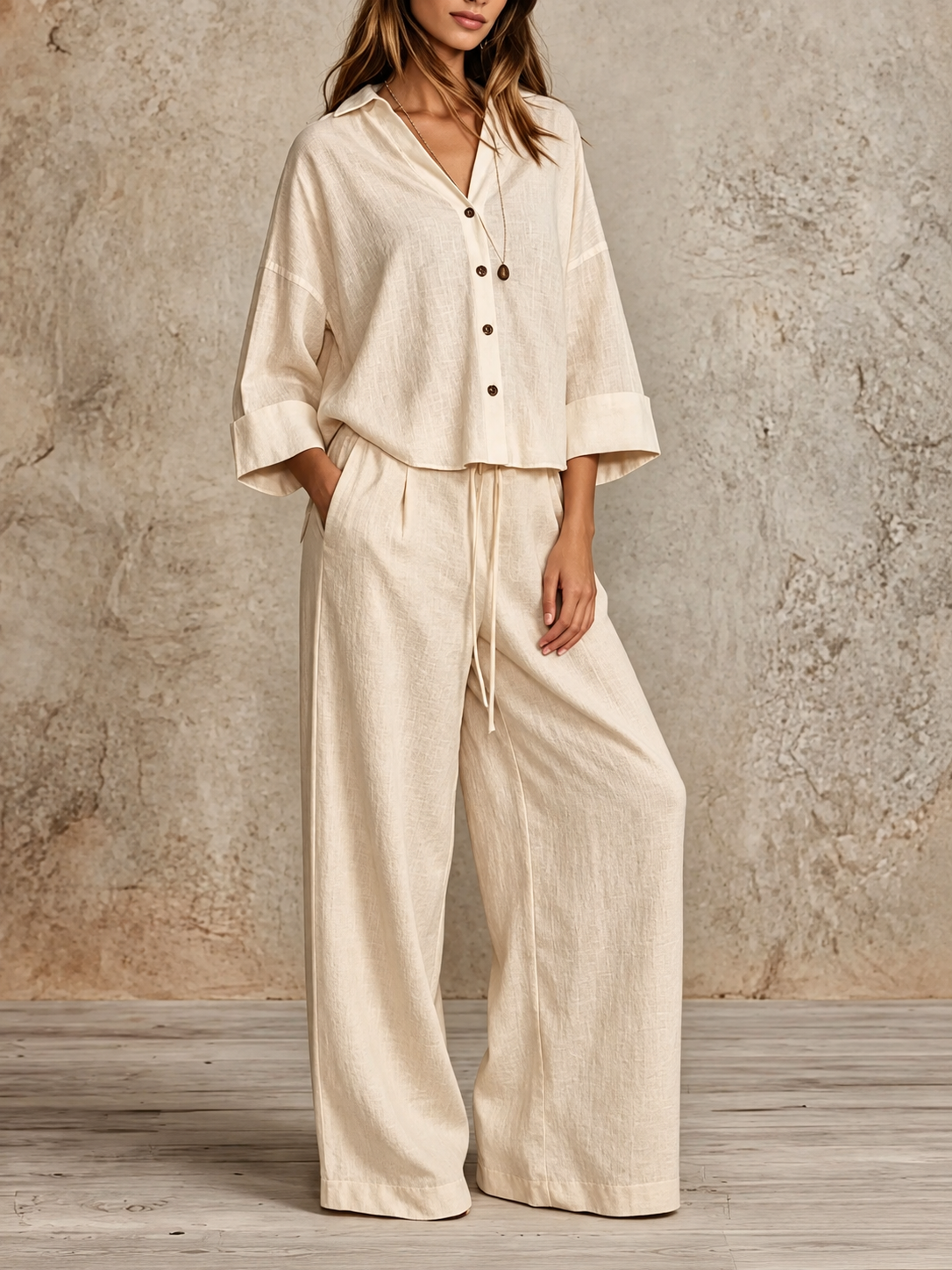 Full Size Button-Down Shirt and Wide-Leg Pants Set (Plus Size included)
