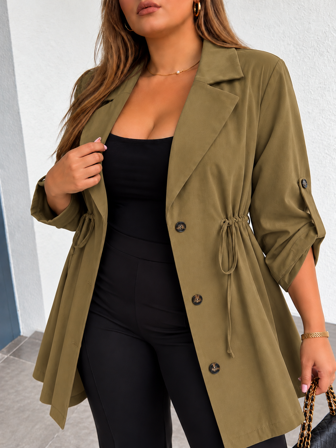 Honey Plus Size Lapel Collar Drawstring Roll-Tab Sleeve Trench Coat