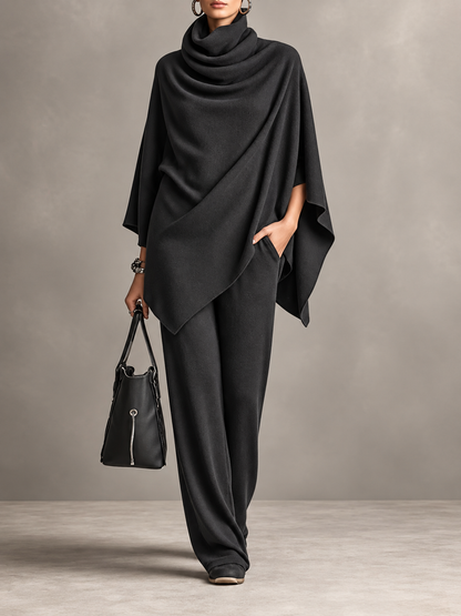 Full Size Turtleneck Poncho and Wide-Leg Pants Set( Plus Size included)
