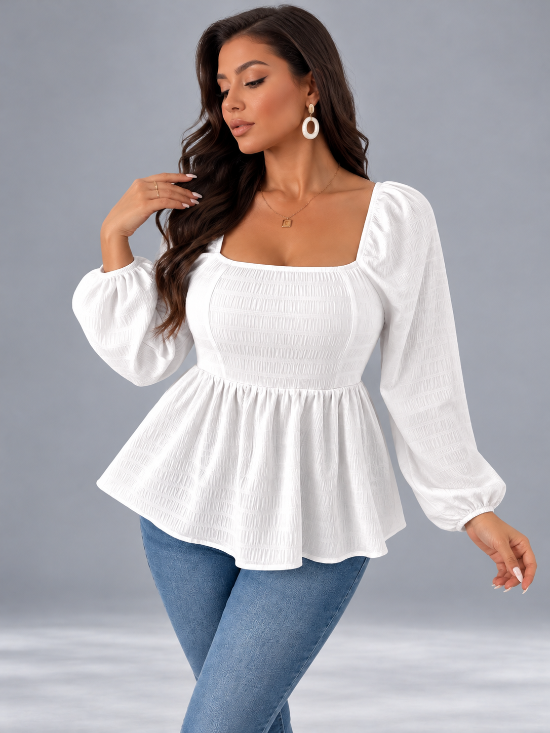 Plus Size Square Neck Long Sleeve Peplum Blouse