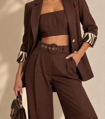 Lapel Collar Blazer and Wide Leg Pants Set