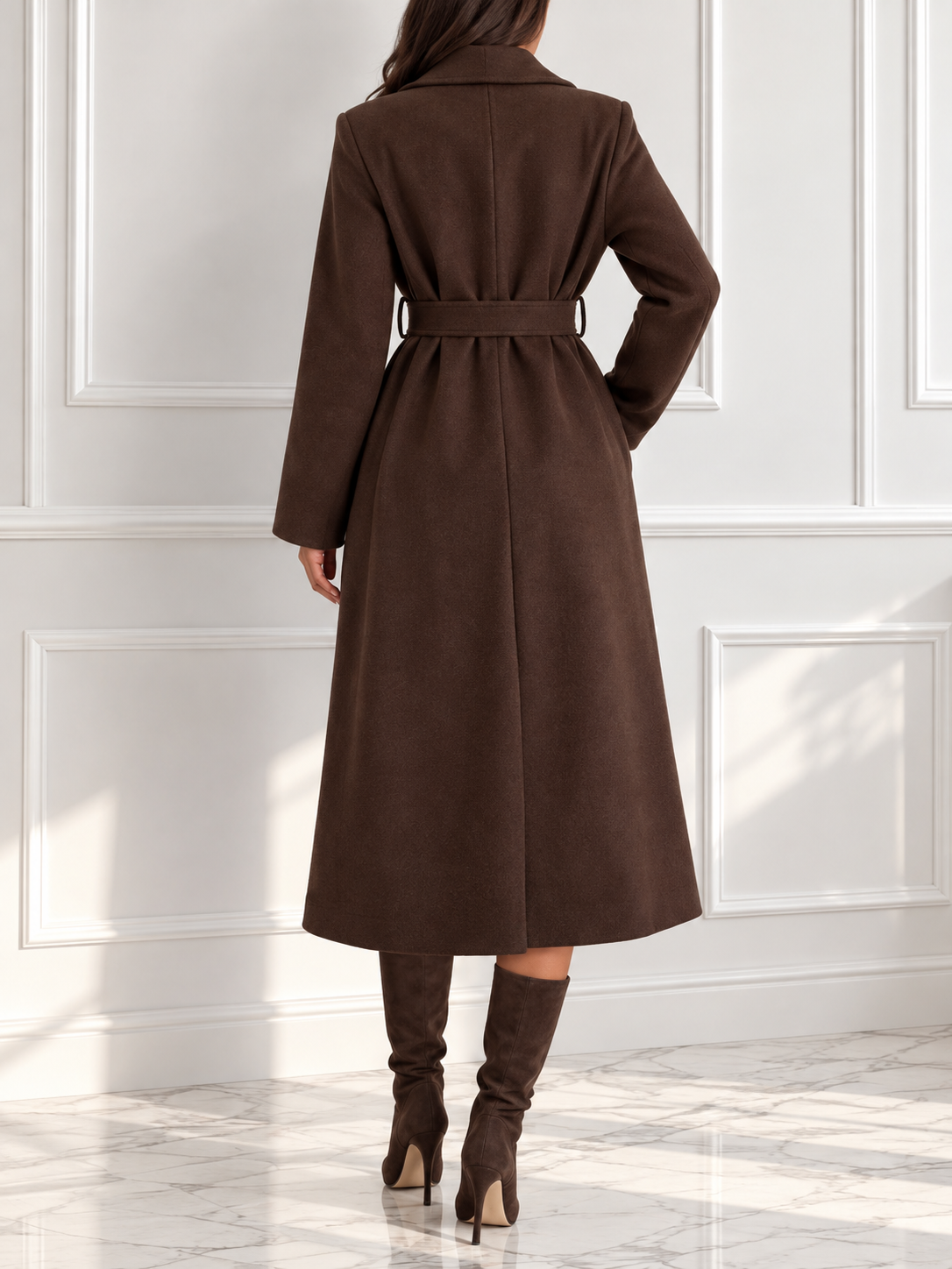 Lapel Collar Long Sleeve Belted Coat