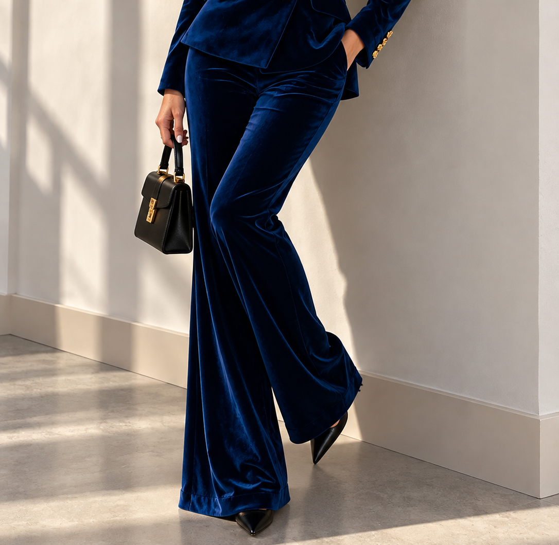 Velvet Double-Breasted Blazer and Flared Pants Set