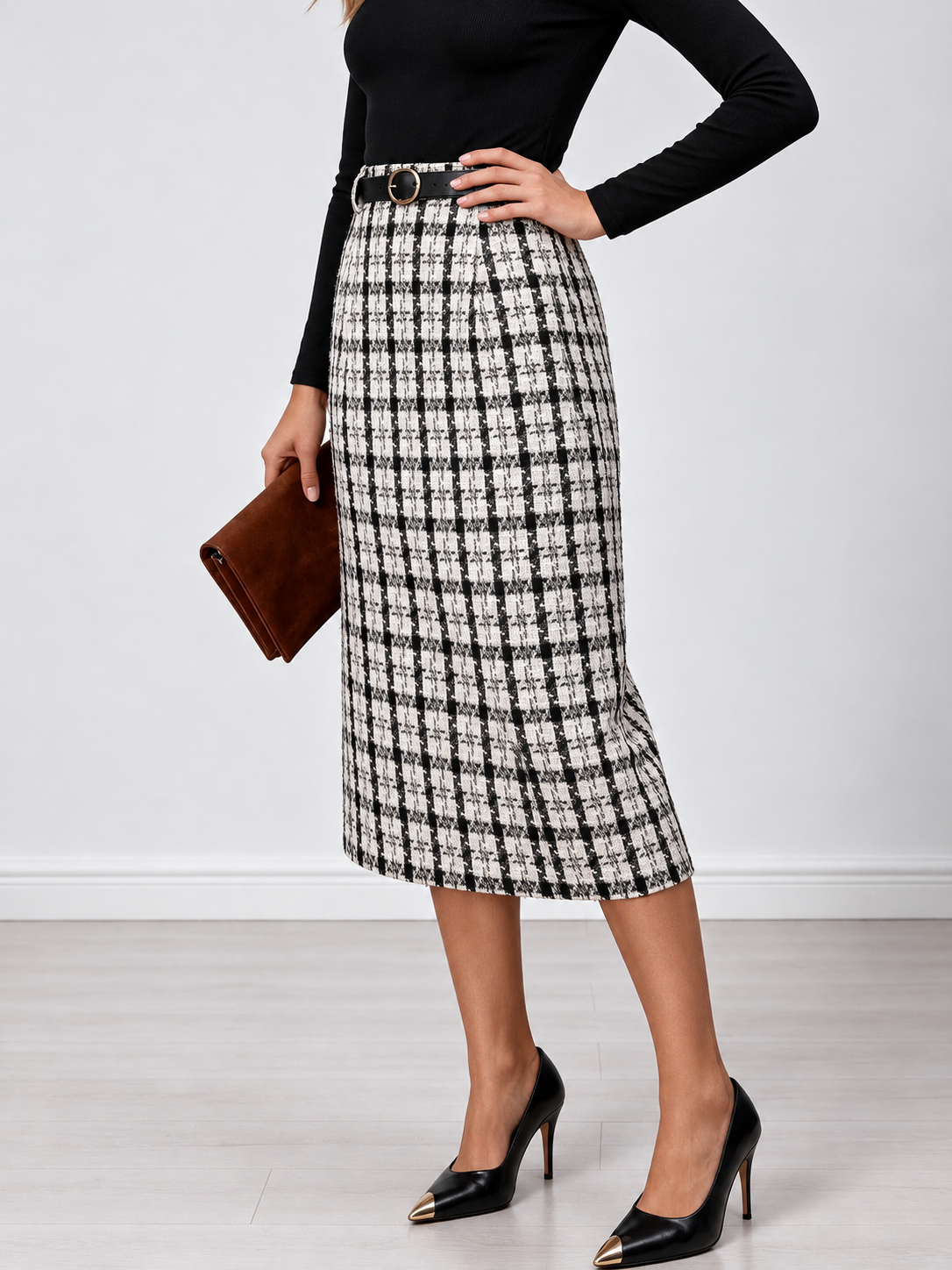 High-Waisted Tweed Plaid Midi Skirt