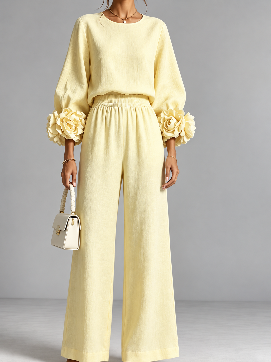 Full Size Floral Cuffs Top and Wide Leg Pants Set (Plus Size inculuded)