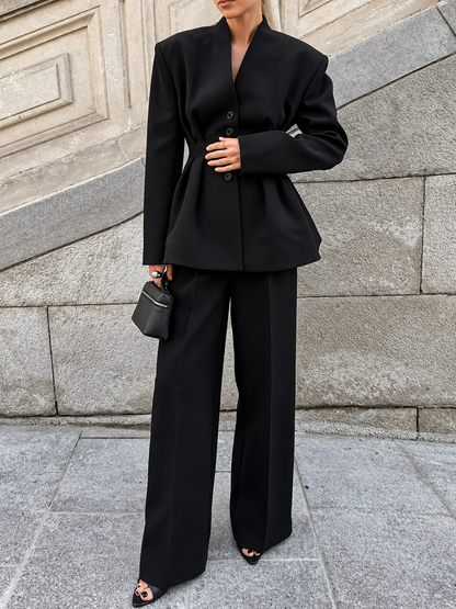 Chic Button Down Pleated Blazer and Wide-Leg Pants Suit Set