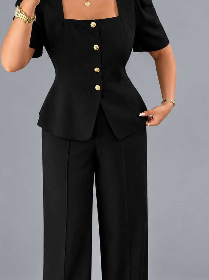 Plus Size Peplum Top and Wide-Leg Pants Two-Piece Set