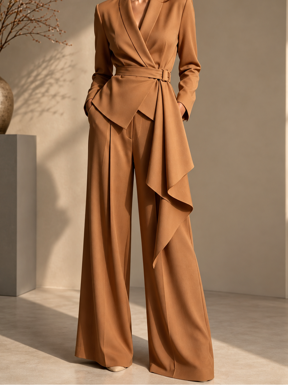 Full Size Belted Blazer and Wide-Leg Pants Set (Plus Size inculuded)