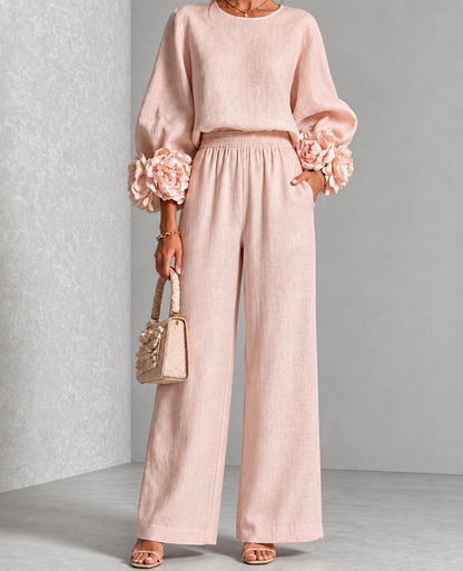 Full Size Floral Cuffs Top and Wide Leg Pants Set (Plus Size inculuded)
