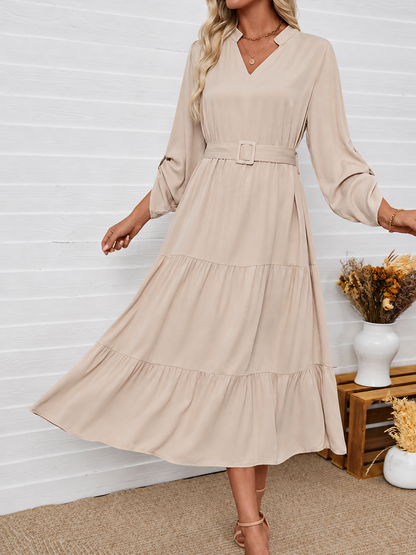 Tiered Notched Belted Midi Dress