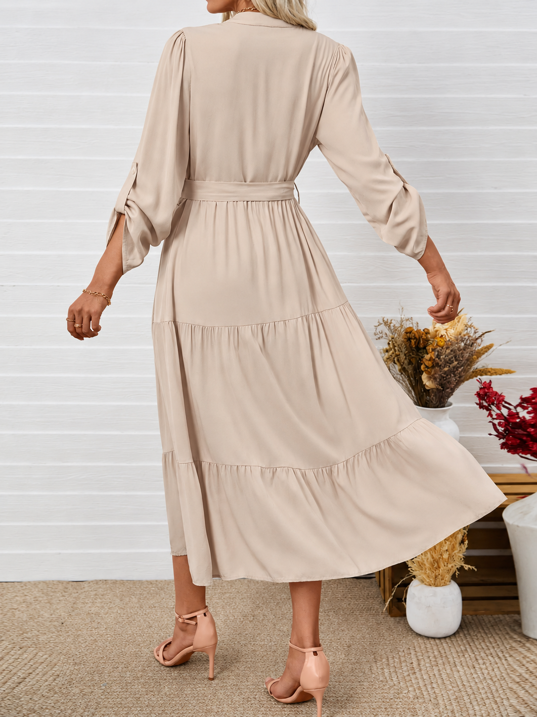 Tiered Notched Belted Midi Dress