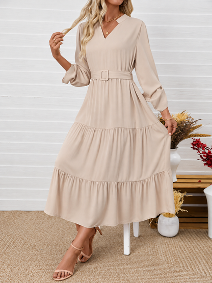 Tiered Notched Belted Midi Dress