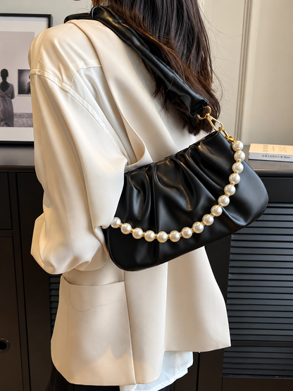 Ruched Shoulder Bag with Pearl Embellishment