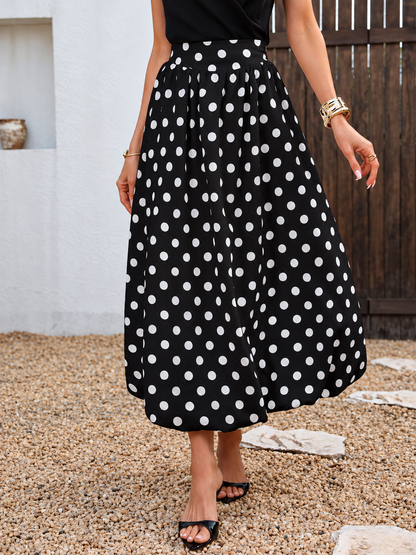 High-Waisted Polka Dot A-Line Midi Skirt