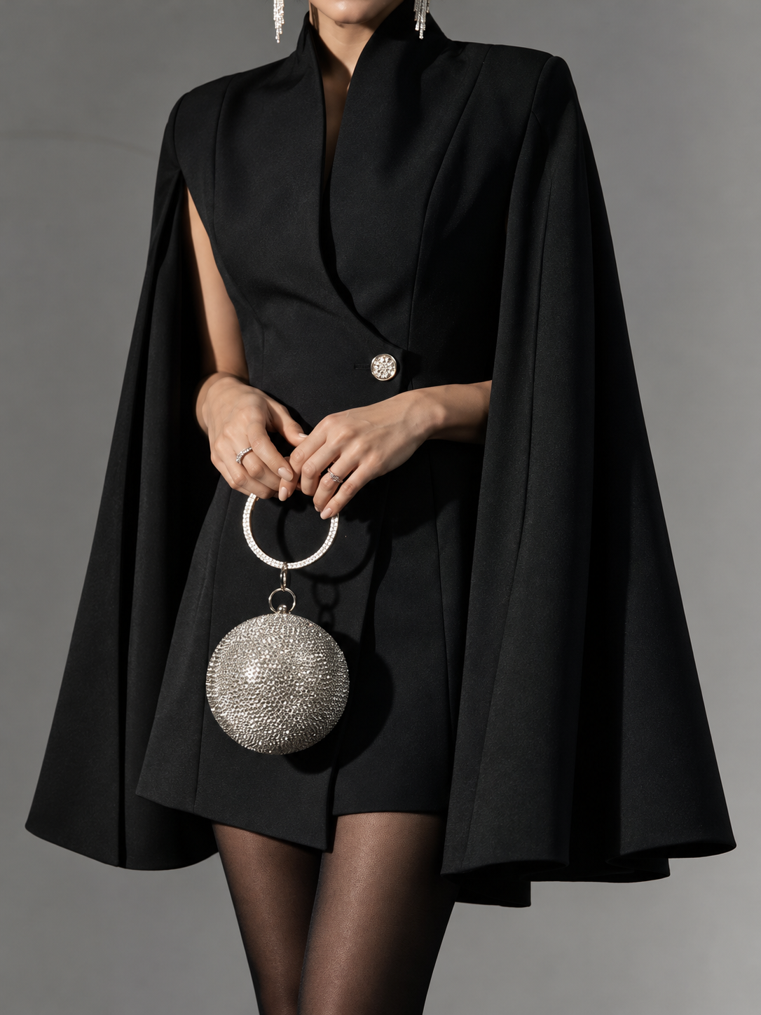 One Button Fitted Mini Blazer Dress with Cape Sleeves