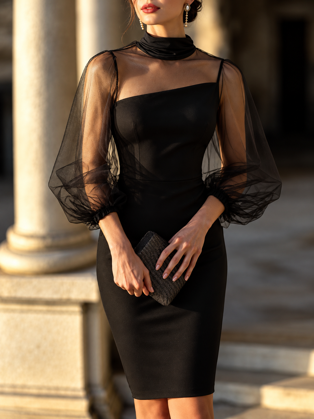 Mock Neck Sheer Puff Sleeve Bodycon Dress