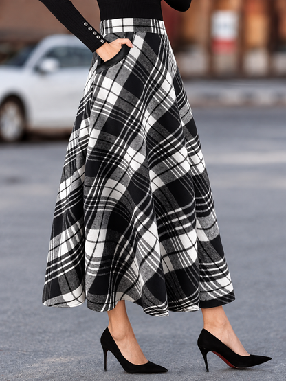 Plaid A-Line Midi Skirt with Pockets