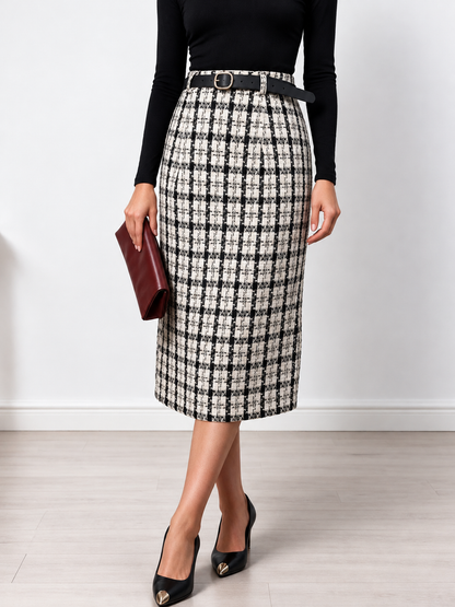 High-Waisted Tweed Plaid Midi Skirt