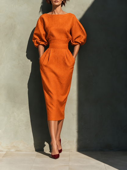 Round Neck Puff Sleeves Midi Dress