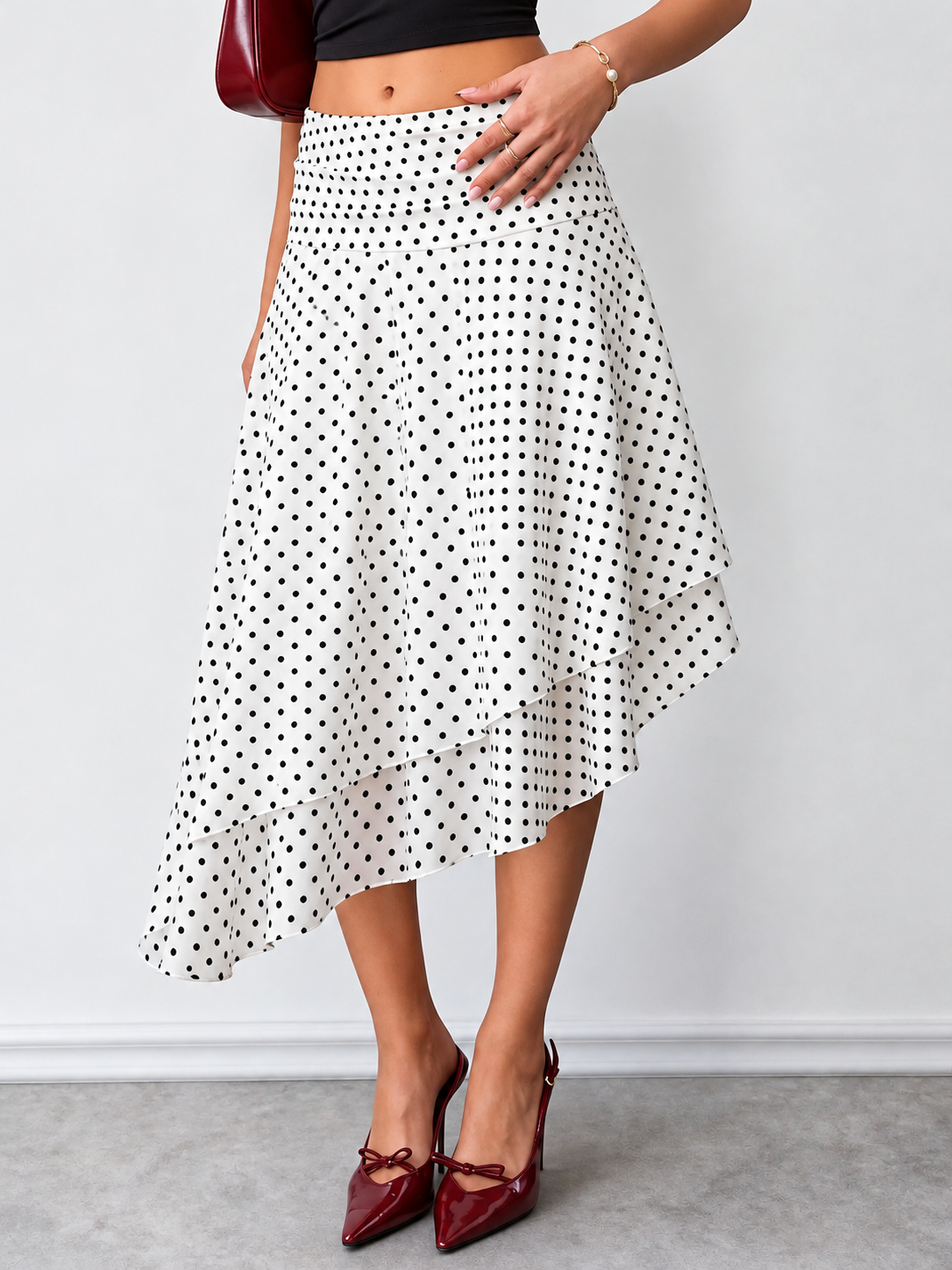 Polka Dot Asymmetrical Hem Midi Skirt