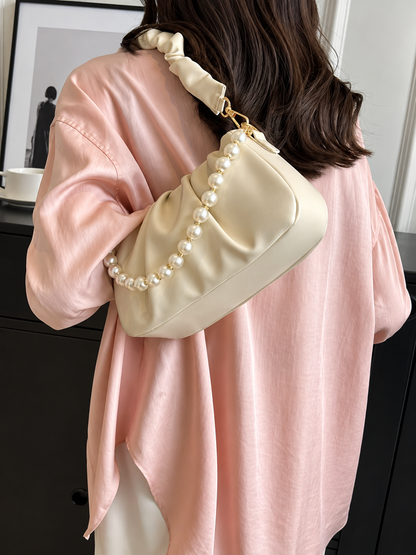 Ruched Shoulder Bag with Pearl Embellishment