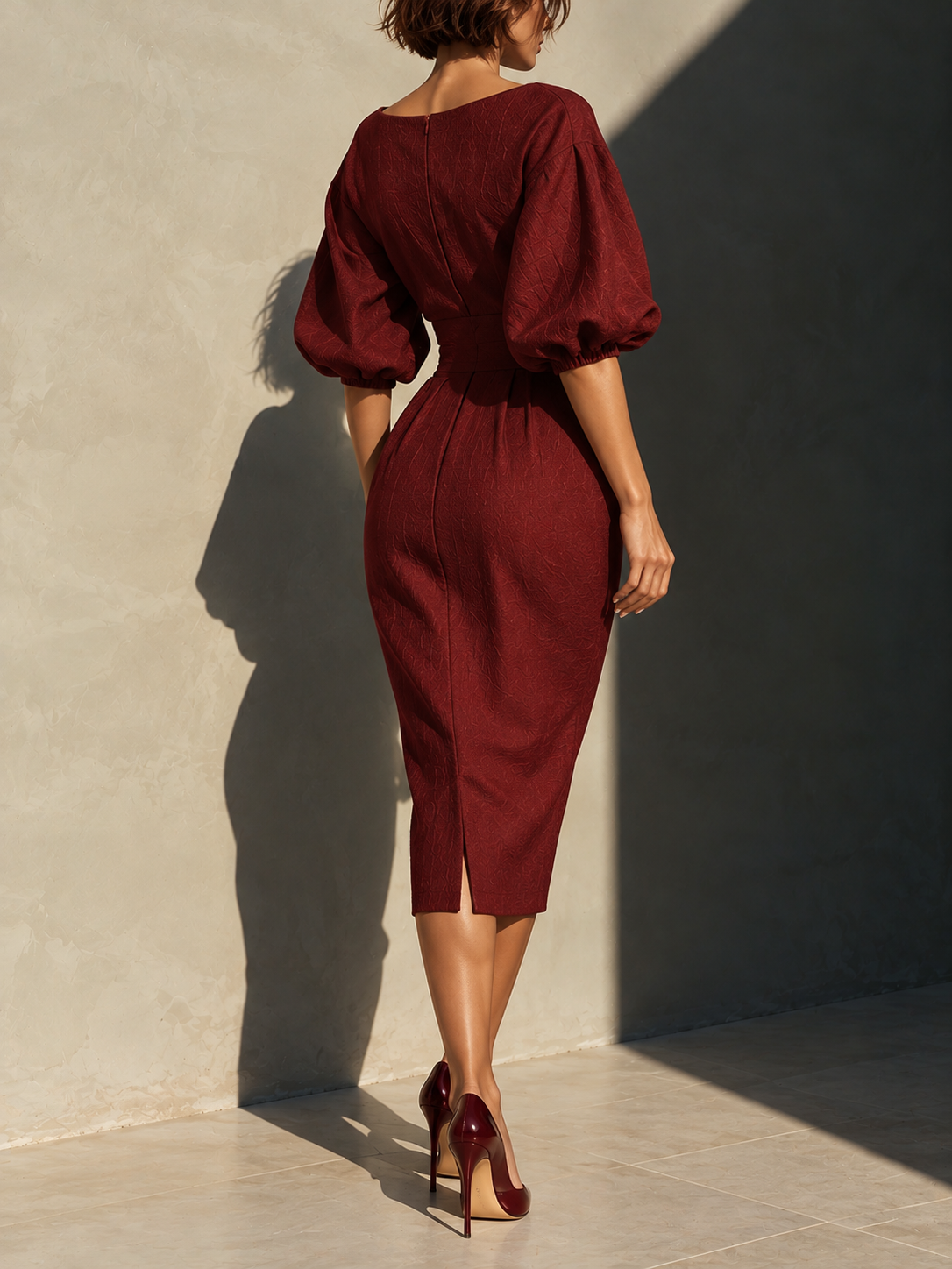 Round Neck Puff Sleeves Midi Dress