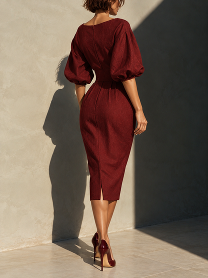 Round Neck Puff Sleeves Midi Dress