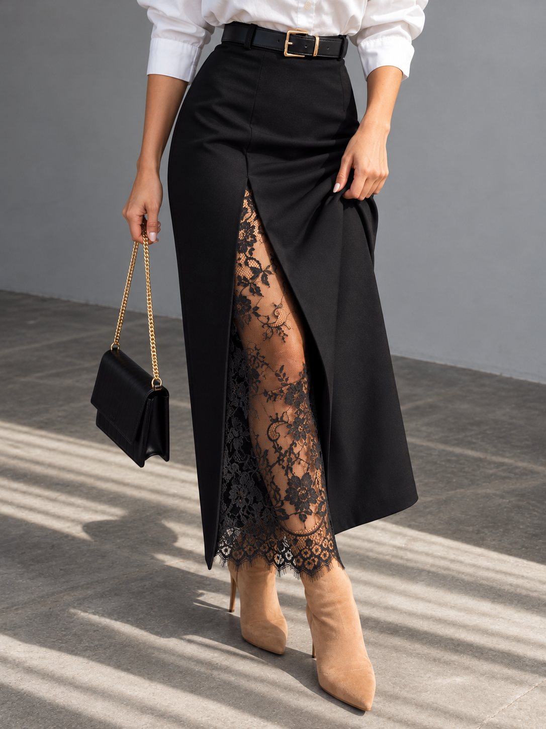 Elegant Lace-Trimmed Slit A-Line Skirt