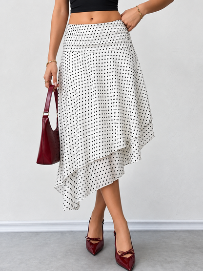 Polka Dot Asymmetrical Hem Midi Skirt