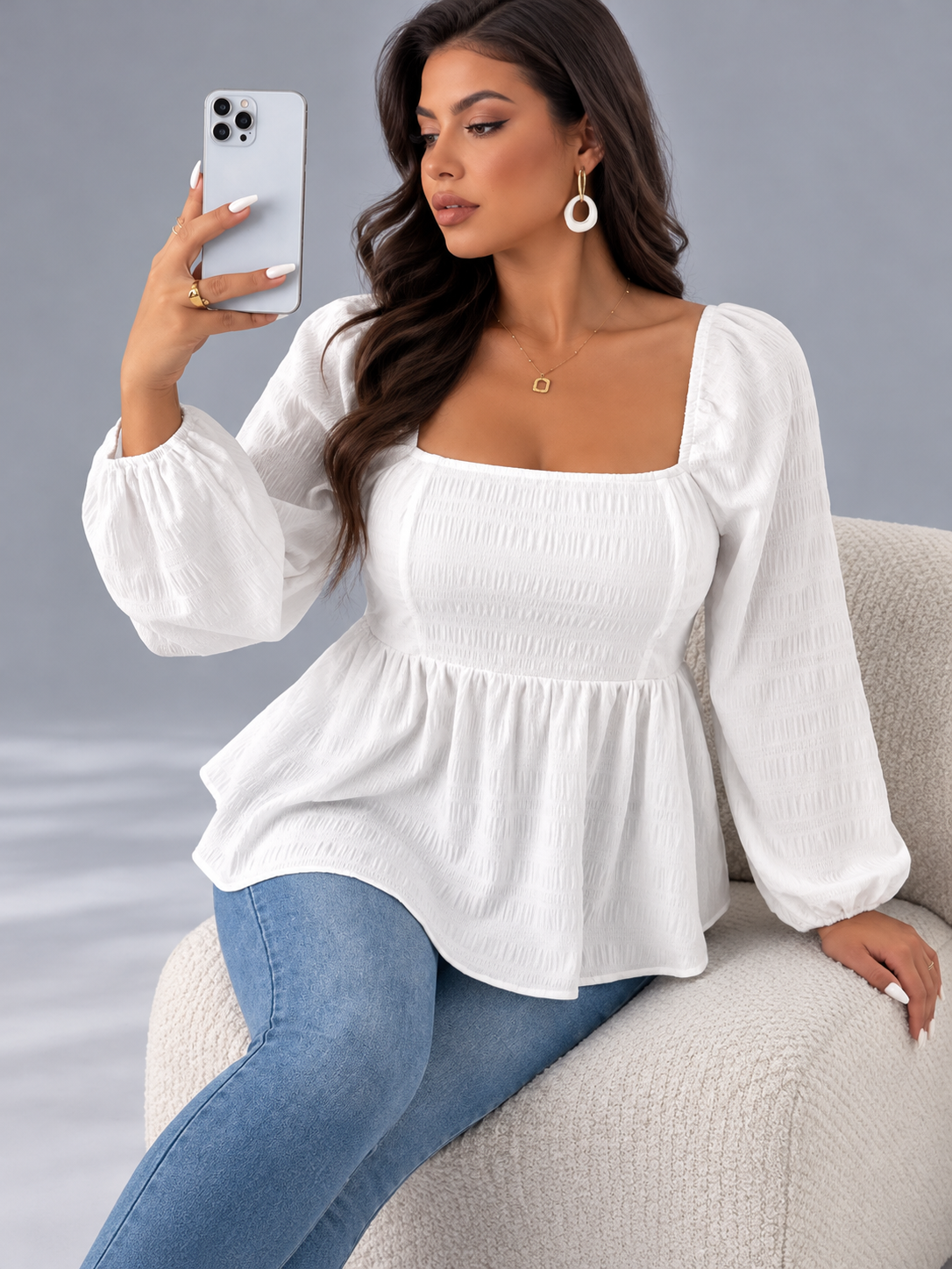 Plus Size Square Neck Long Sleeve Peplum Blouse