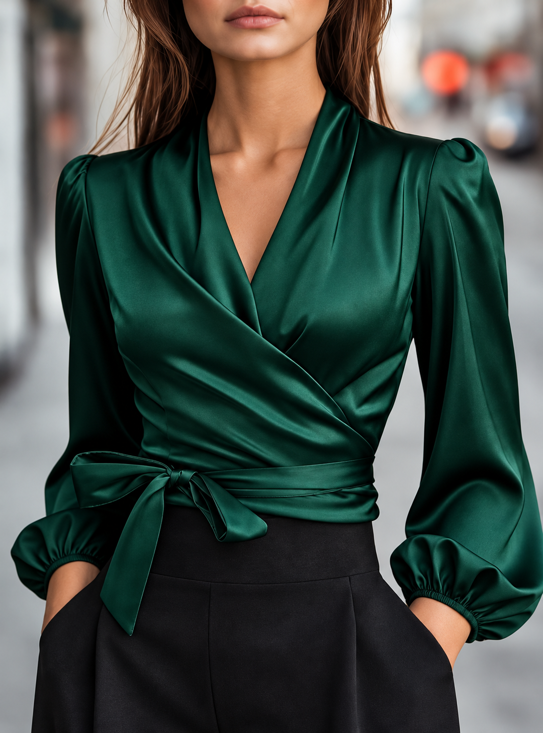 Satin Tied Balloon Sleeve Blouse