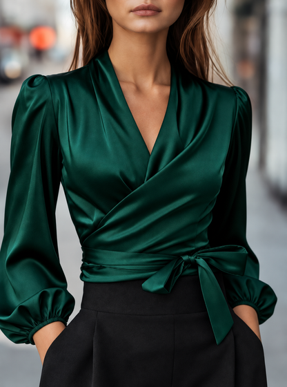 Satin Tied Balloon Sleeve Blouse