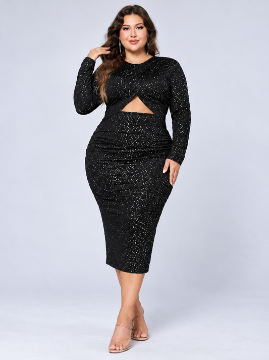 Honey Plus Size Cutout Slit Round Neck Long Sleeve Dress