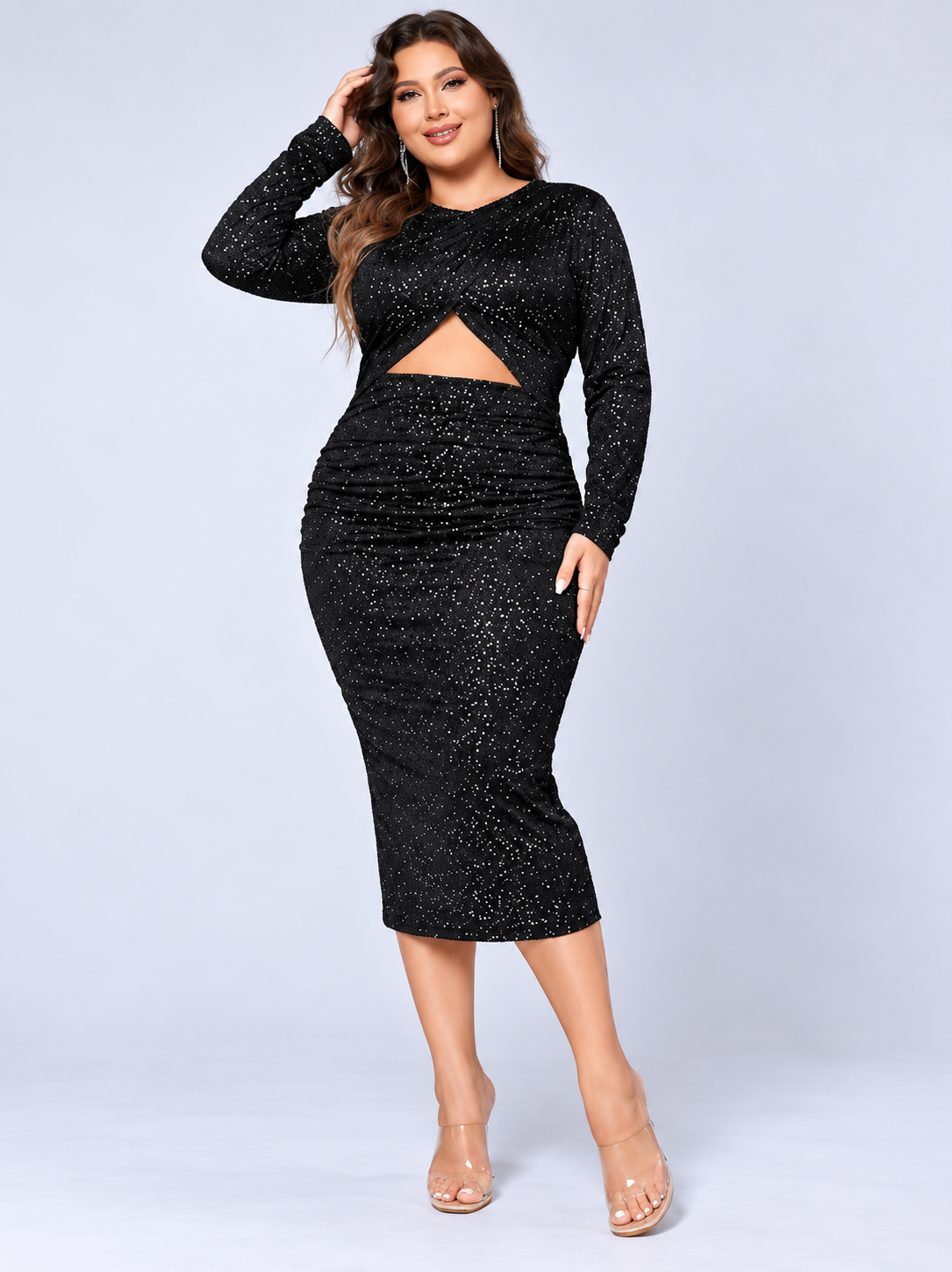 Honey Plus Size Cutout Slit Round Neck Long Sleeve Dress