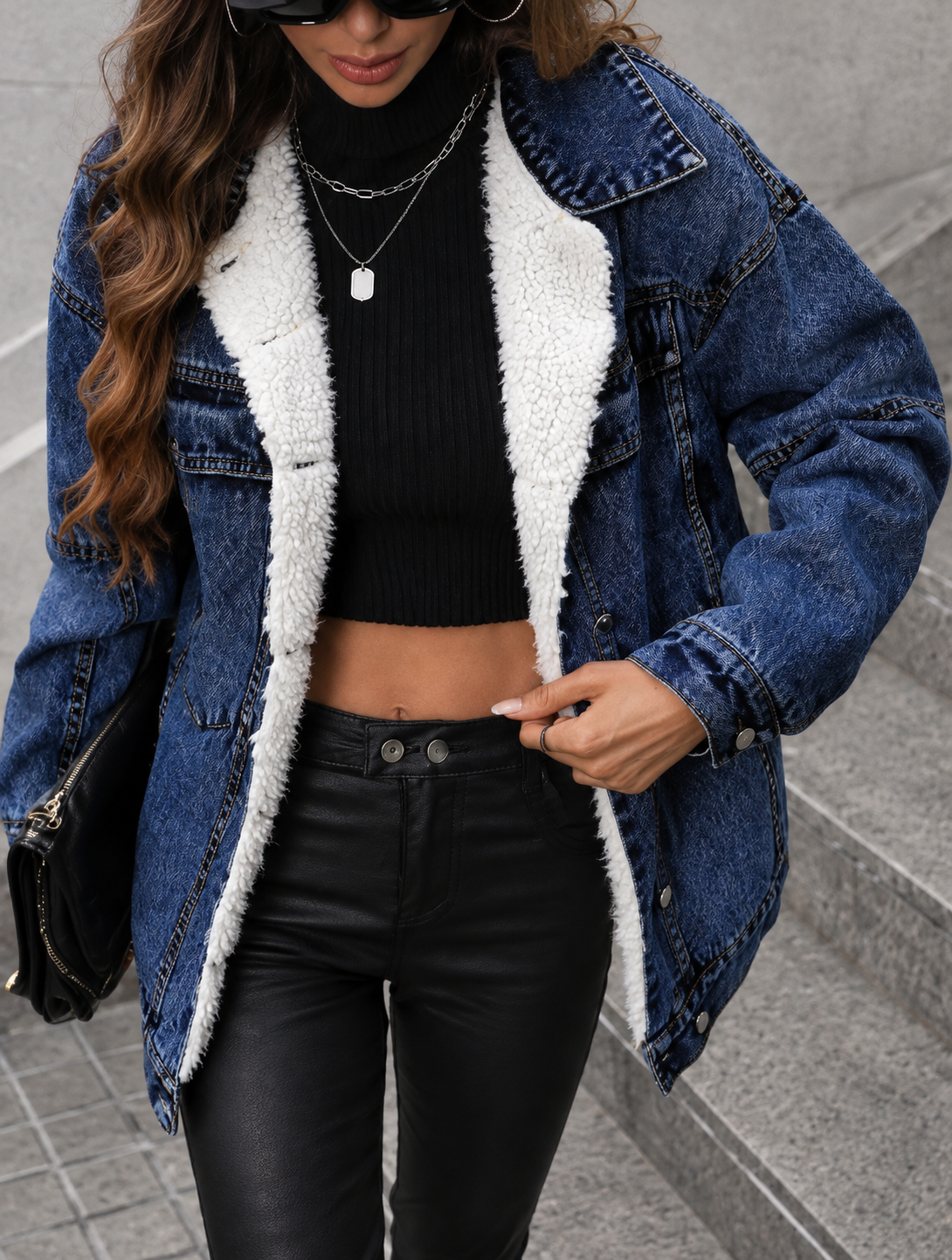 Sherpa-Lined Button Up Denim Jacket