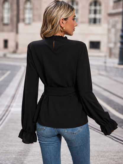 Perfee Round Neck Tie Waist Long Sleeve Blouse